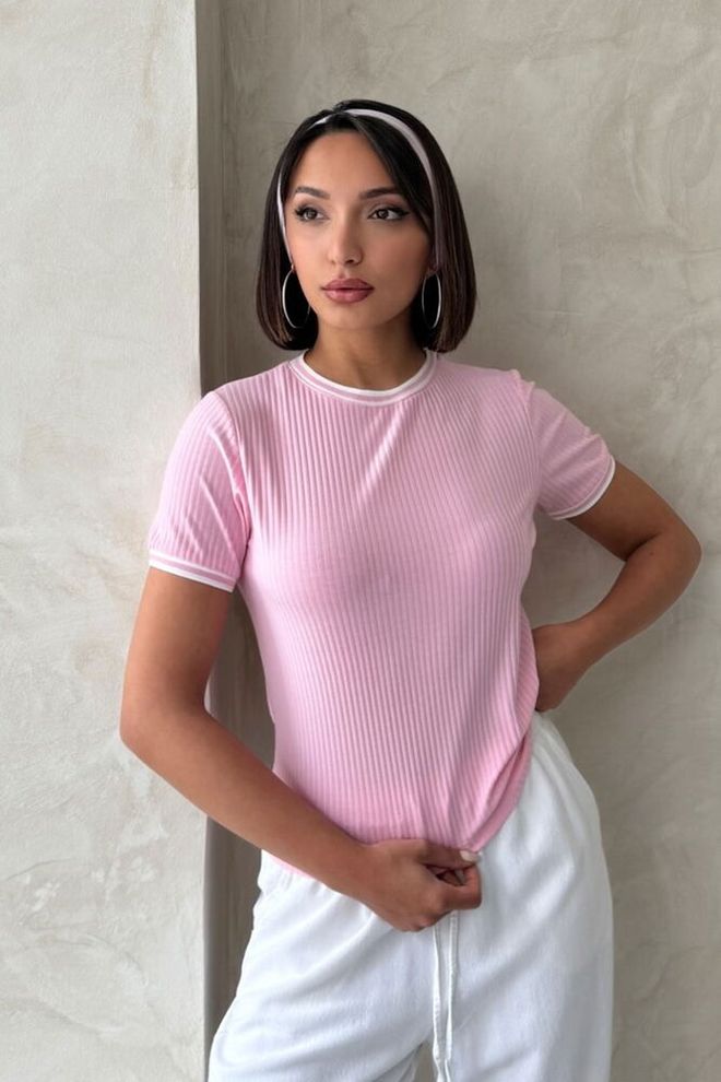 Topshow D2211 Crew Neck Tshırt Pink Cream Wholesale Clothing Casual