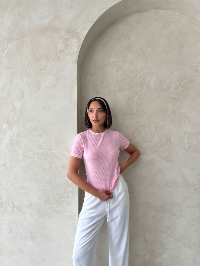 Topshow D2211 Crew Neck Tshırt Pink Cream Wholesale Clothing Birthday