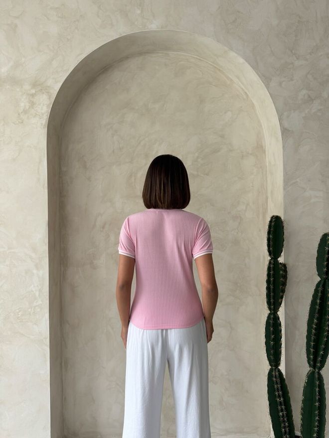 Topshow D2211 Crew Neck Tshırt Pink Cream Wholesale Clothing Formal