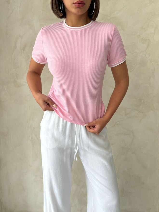 Topshow D2211 Crew Neck Tshırt Pink Cream Wholesale Clothing Summer