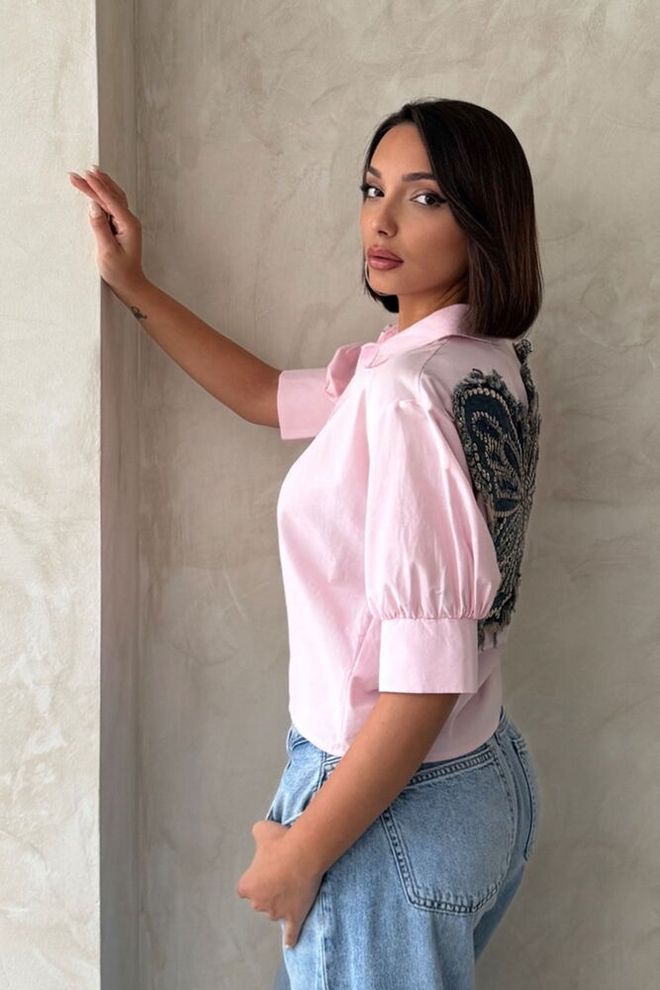 Topshow Arkası Kelebek Detaylı Gömlek Pembe Toptan Giyim Gündelik