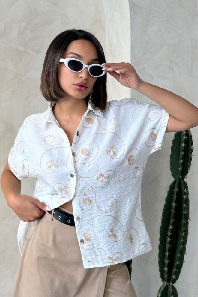 Topshow D 2789 Koszula Haftowana Kremowy Wzór2 Hurtowa sprzedaż odzieży Casual