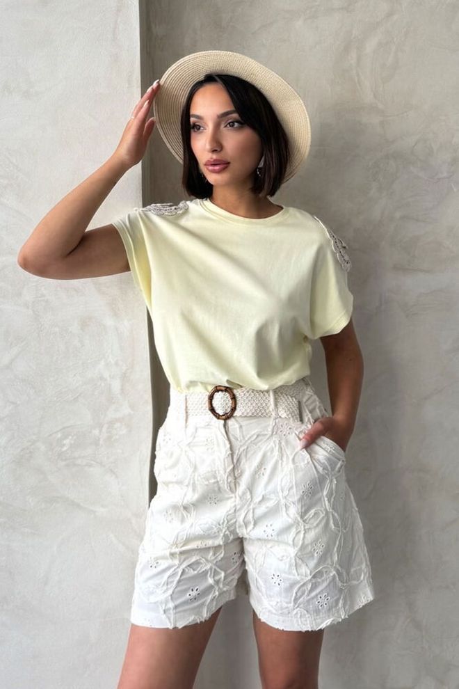 Topshow T shirt In Pizzo Con Spalla Gialla Abbigliamento all'ingrosso Casuale