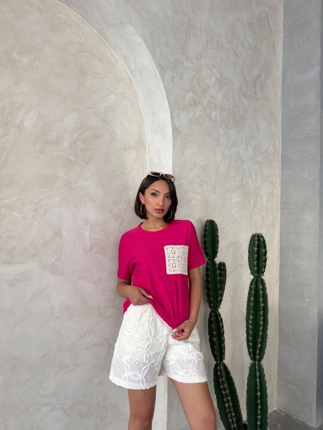 Topshow Pocket Detailed T Shirt Fuchsia Wholesale Clothing Polyester