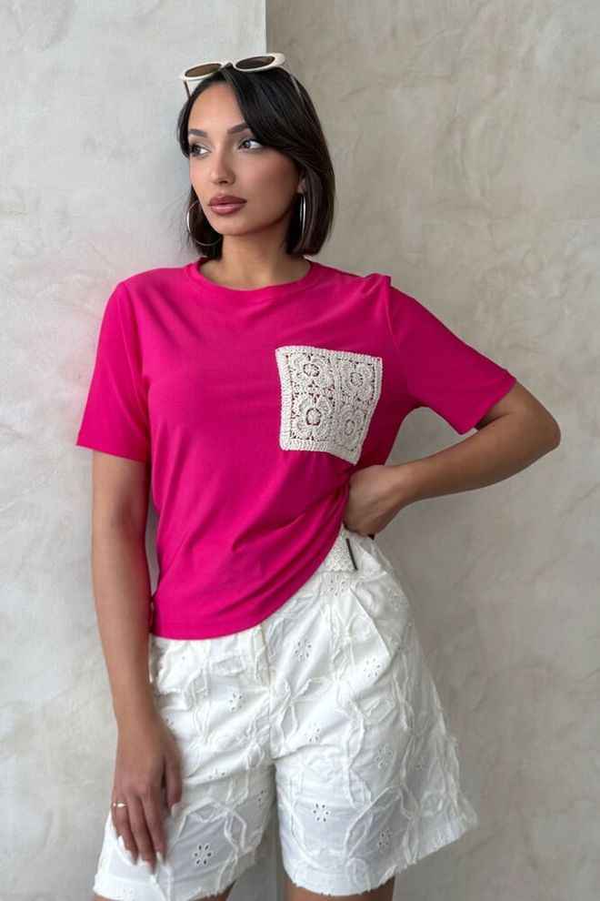 Topshow Pocket Detailed T Shirt Fuchsia Wholesale Clothing Casual