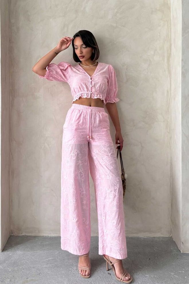 Topshow Embroidered Pants Pink | Wholesale Clothing Casual