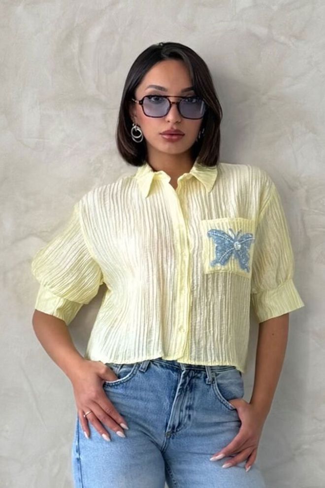 Topshow Chemise Plissée À Motif Papillon Jaune Vêtements en gros Décontracté