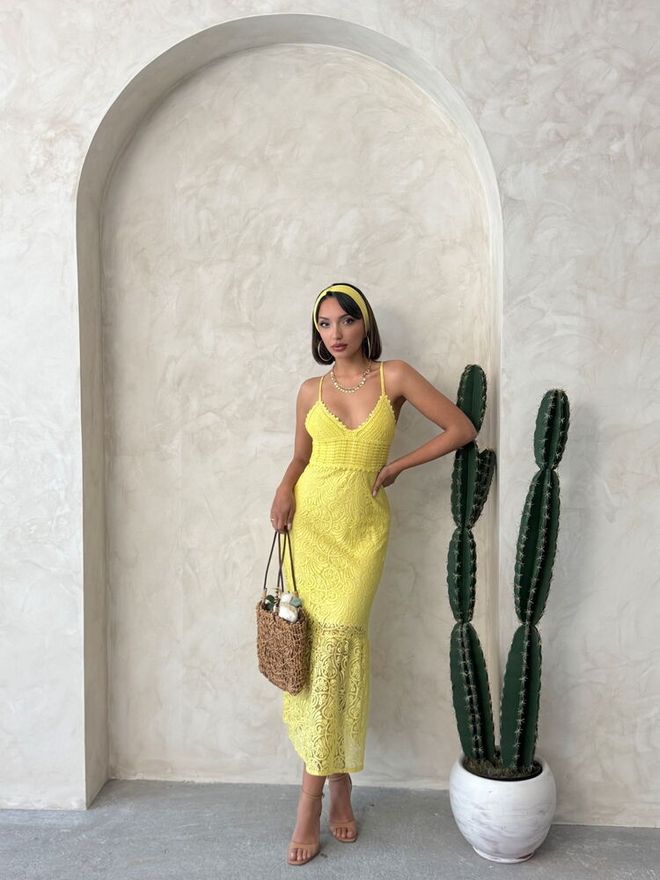 Topshow Nėrinių Didmeninė Suknelė Geltona | Didmeninė prekyba drabužiais Trumpintas