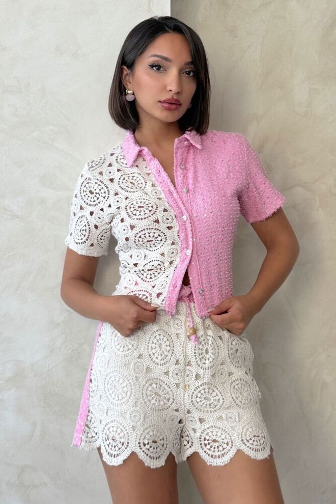 Topshow Groothandelsshirt Met Jeans En Kant Raw Pink | Groothandel Kleding Casual