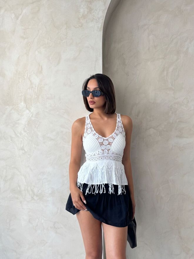 Topshow Wholesale Blouse Cream With Guipure Detailed Strap | Wholesale Clothing Polyester