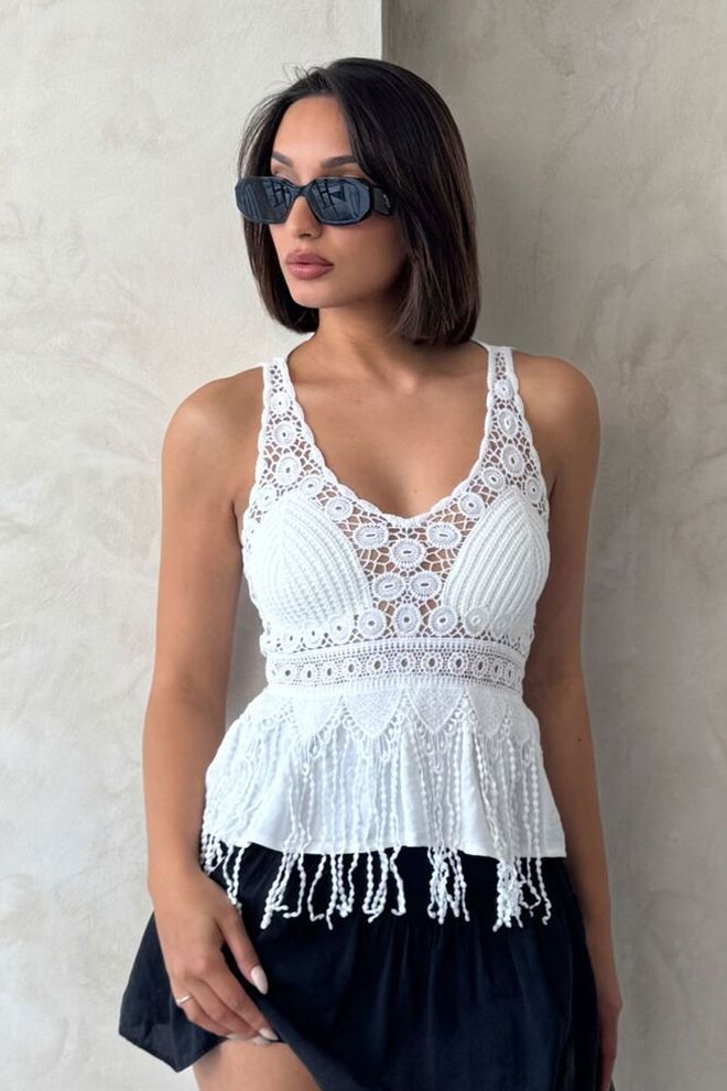 Topshow Wholesale Blouse Cream With Guipure Detailed Strap | Wholesale Clothing Casual