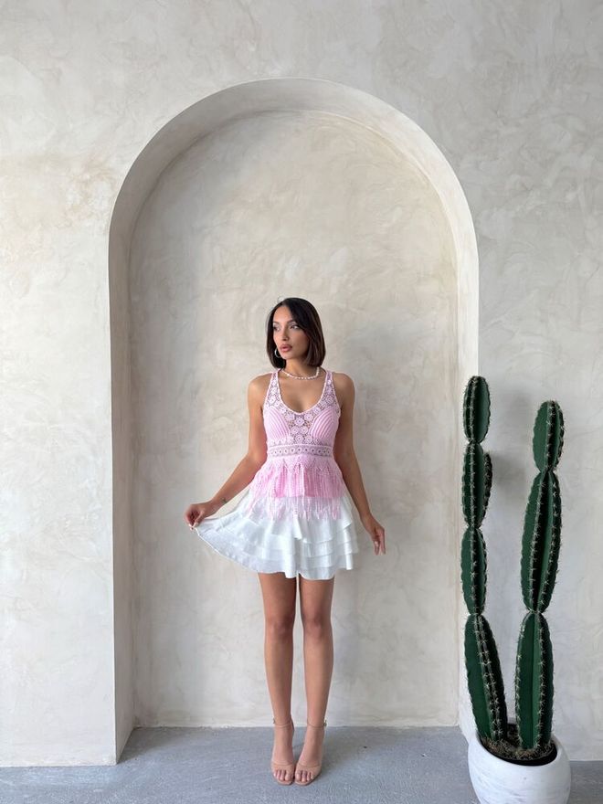 Topshow Wholesale Blouse Pink With Guipure Detailed Strap | Wholesale Clothing Birthday