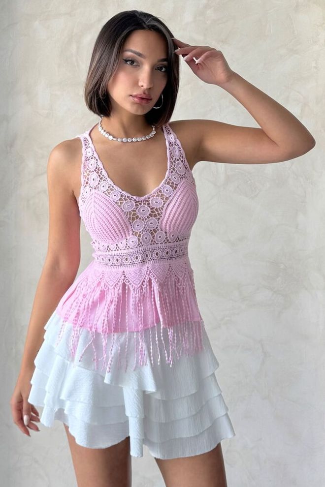 Topshow Χονδρική Μπλούζα Ροζ Με Λεπτομερή Λουράκι Guipure | Χονδρικό εμπόριο ενδυμάτων Casual