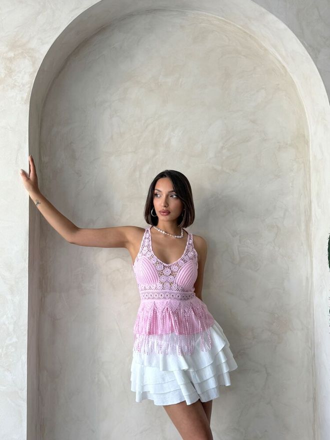 Topshow Wholesale Blouse Pink With Guipure Detailed Strap | Wholesale Clothing Polyester