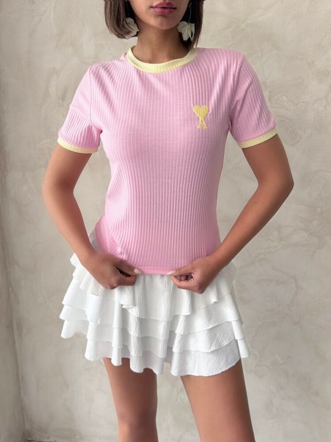 Topshow Embroidered T Shirt Pink Yellow | Wholesale Clothing Birthday