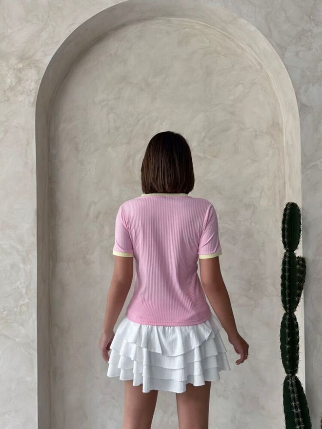 Topshow Embroidered T Shirt Pink Yellow | Wholesale Clothing Summer