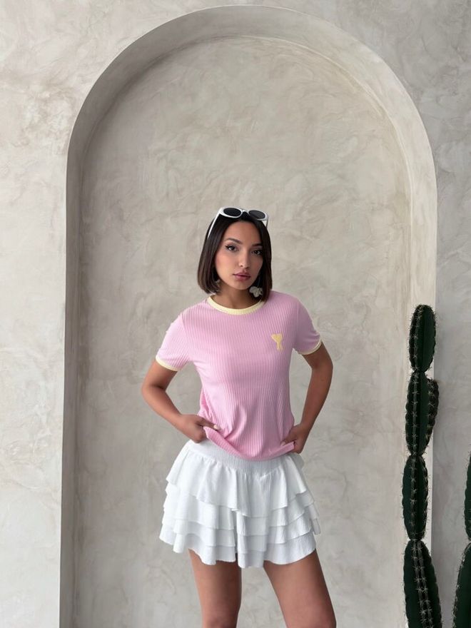 Topshow Embroidered T Shirt Pink Yellow | Wholesale Clothing Cotton