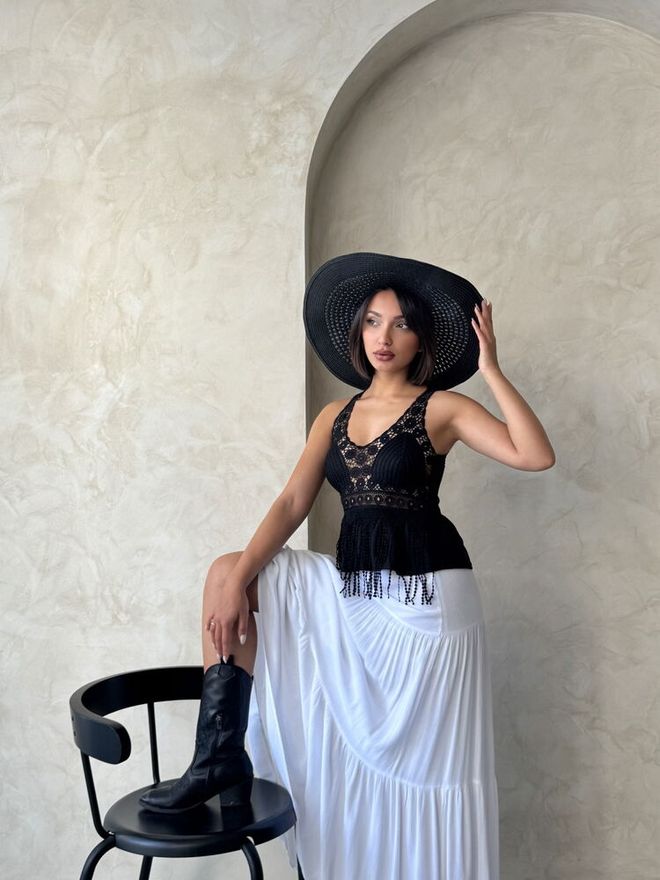 Topshow Großhandelsbluse Mit Guipure Detail Am Riemen Schwarz | Großhandelskleidung Strand