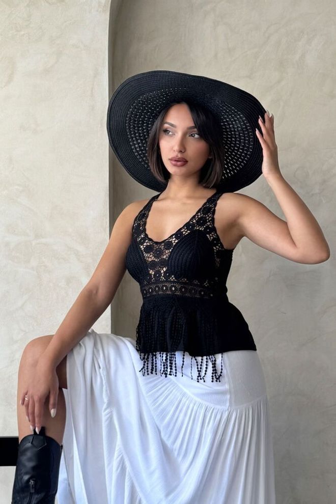 Topshow Wholesale Blouse With Guipure Detailed Strap Black | Wholesale Clothing Casual