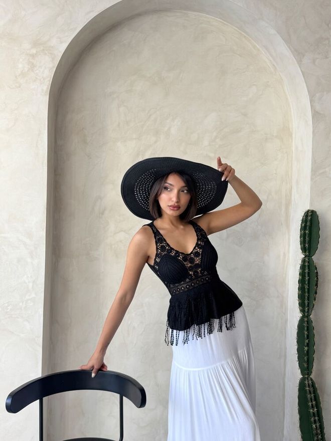 Topshow Großhandelsbluse Mit Guipure Detail Am Riemen Schwarz | Großhandelskleidung Sommer