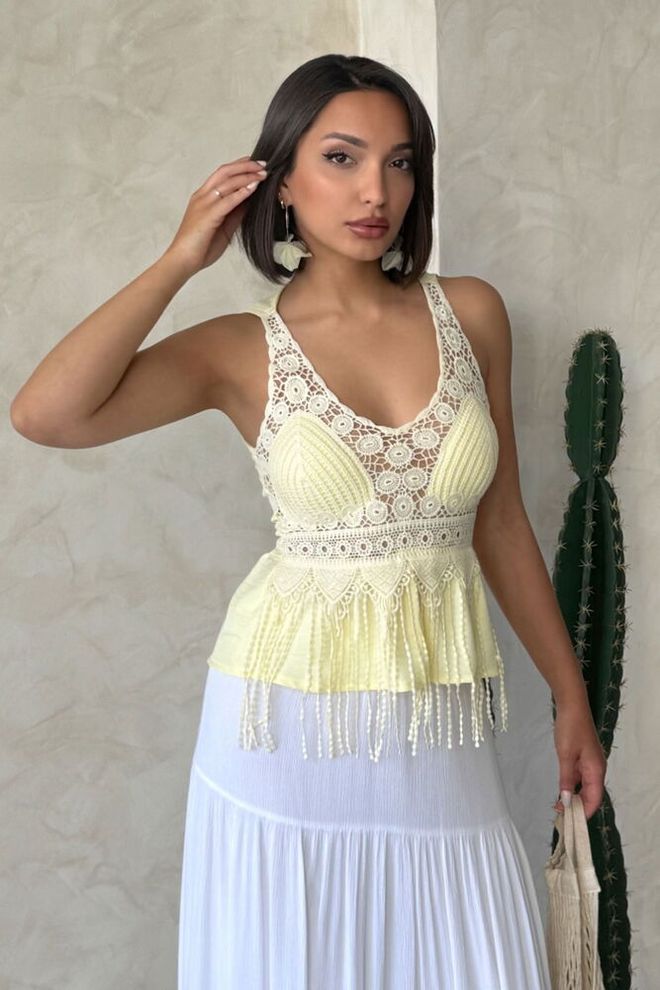 Topshow Guipure Detailed Strap Wholesale Blouse Yellow | Wholesale Clothing Casual