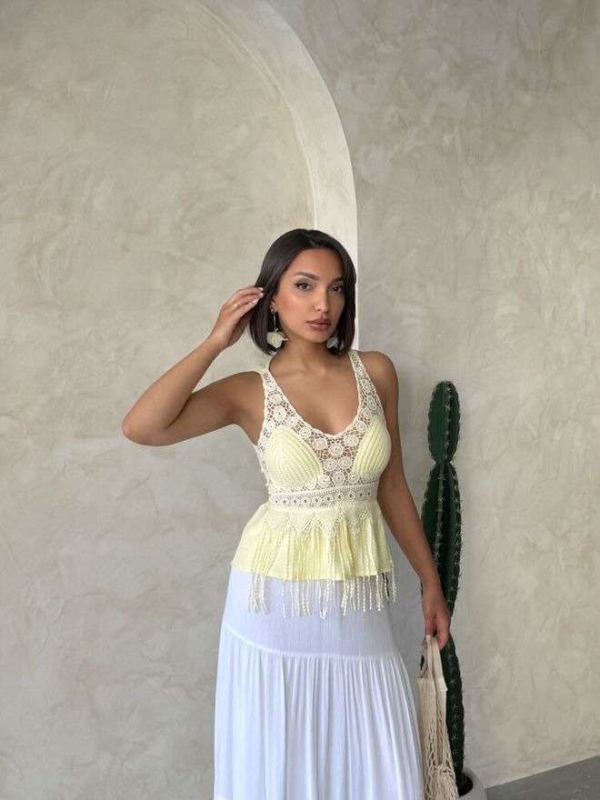 Topshow Großhandelsbluse Mit Guipure Detail Und Riemen Gelb | Großhandelskleidung Polyester