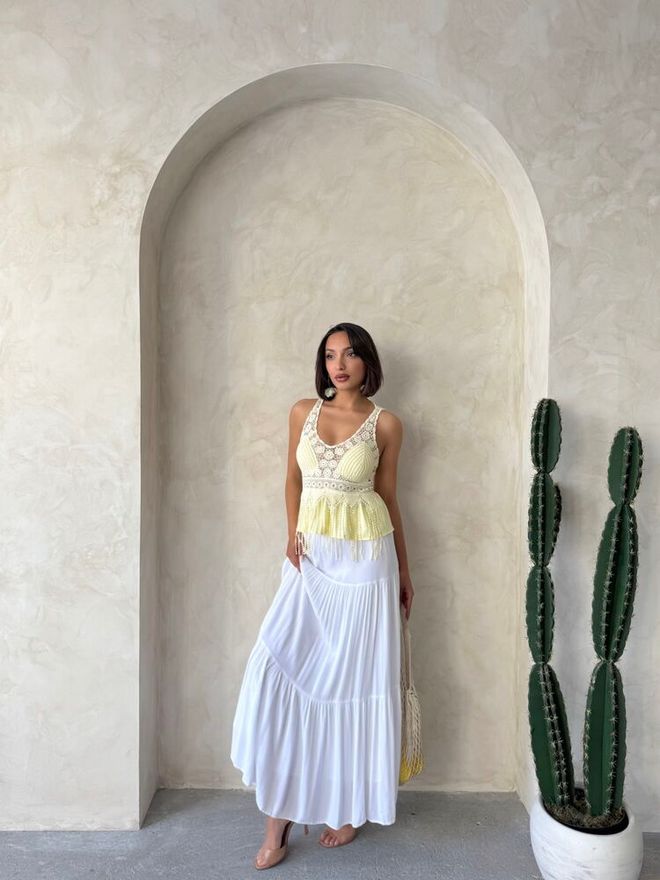 Topshow Großhandelsbluse Mit Guipure Detail Und Riemen Gelb | Großhandelskleidung Strand