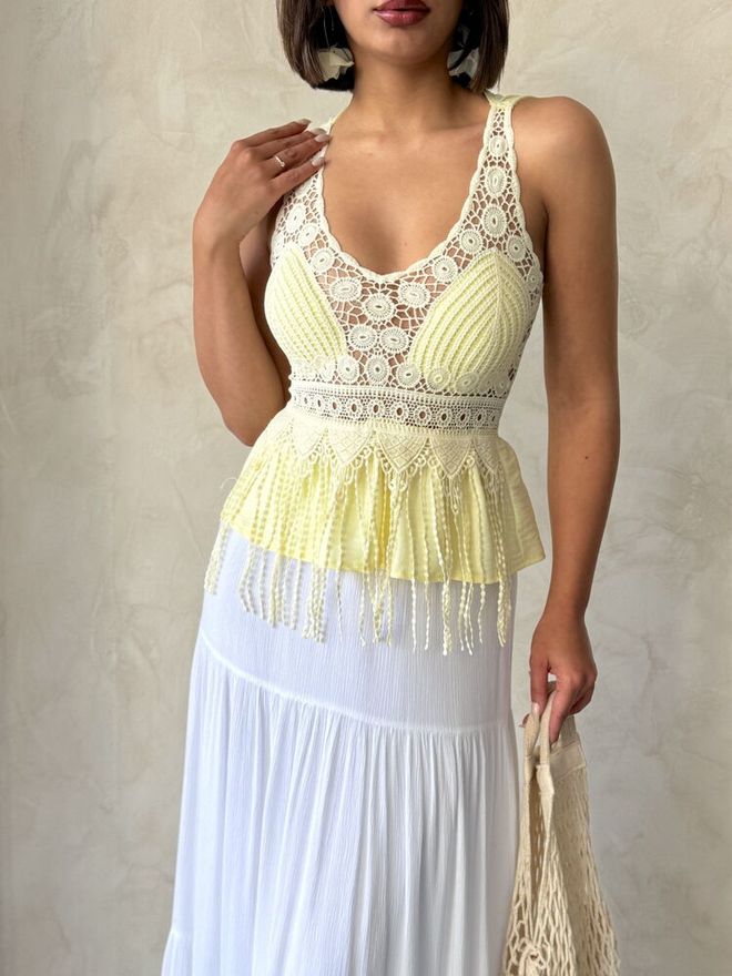 Topshow Großhandelsbluse Mit Guipure Detail Und Riemen Gelb | Großhandelskleidung Sommer