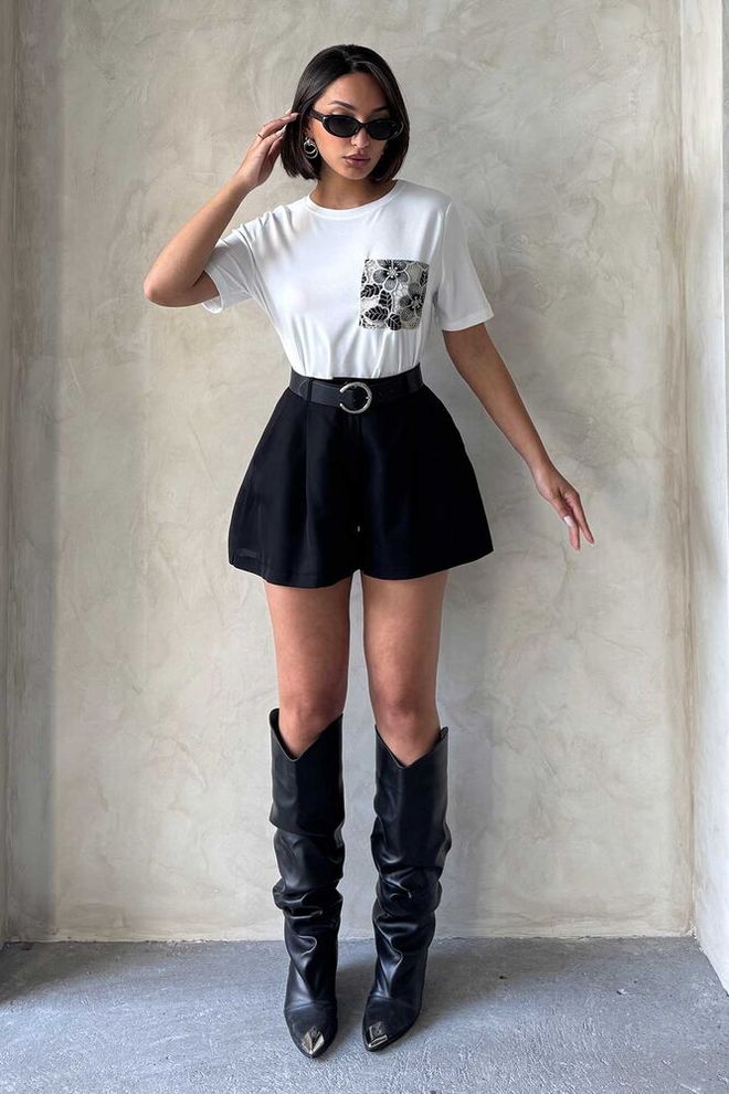 Topshow Pocket Detailed T Shirt Cream Black Wholesale Clothing Polyester