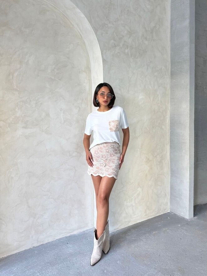 Topshow Pocket Detailed T Shirt Cream Powder Wholesale Clothing Polyester