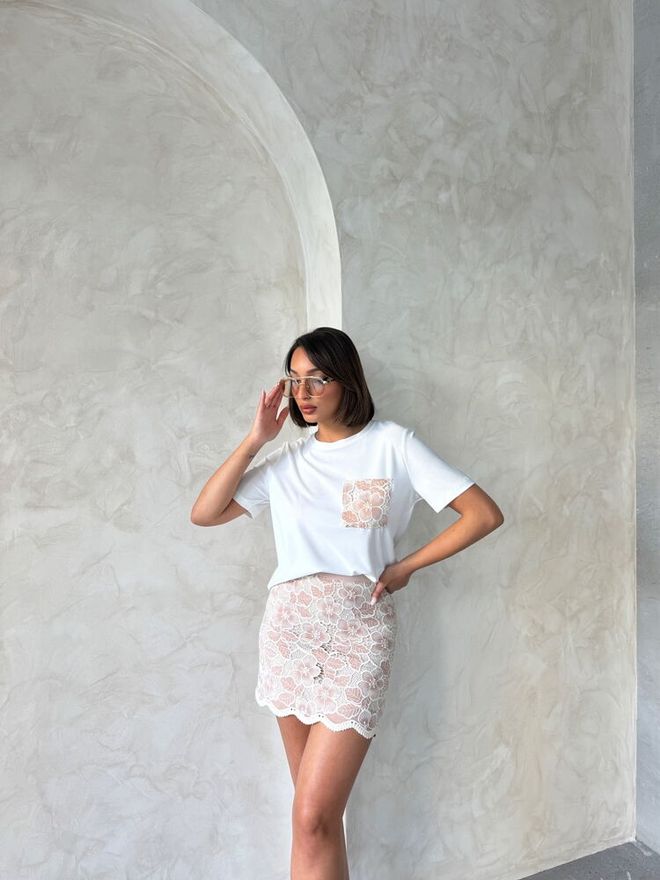 Topshow Pocket Detailed T Shirt Cream Powder Wholesale Clothing Birthday