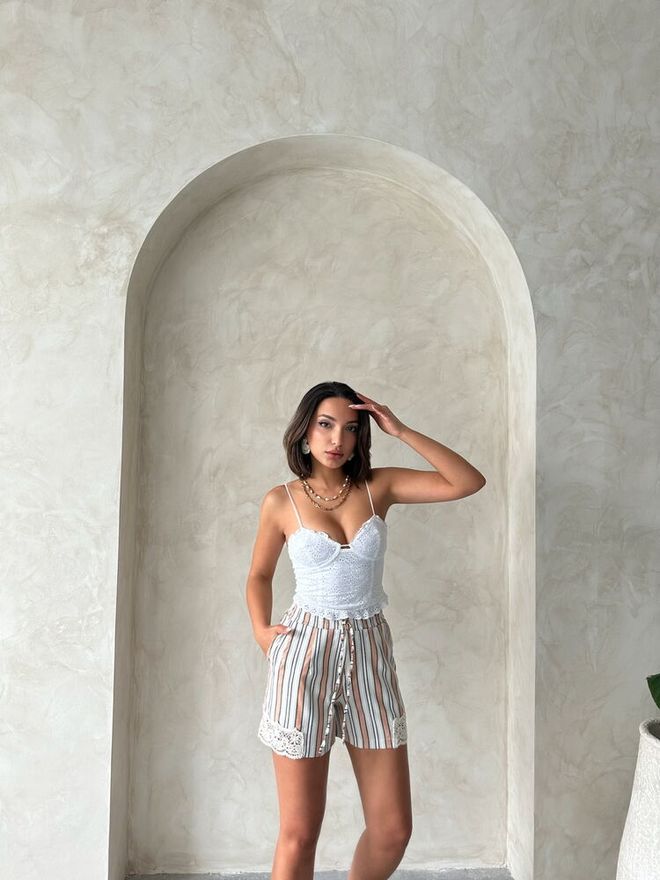 Topshow Pantaloncini A Righe In Pizzo Sulle Gambe Powder Abbigliamento all'ingrosso Lino