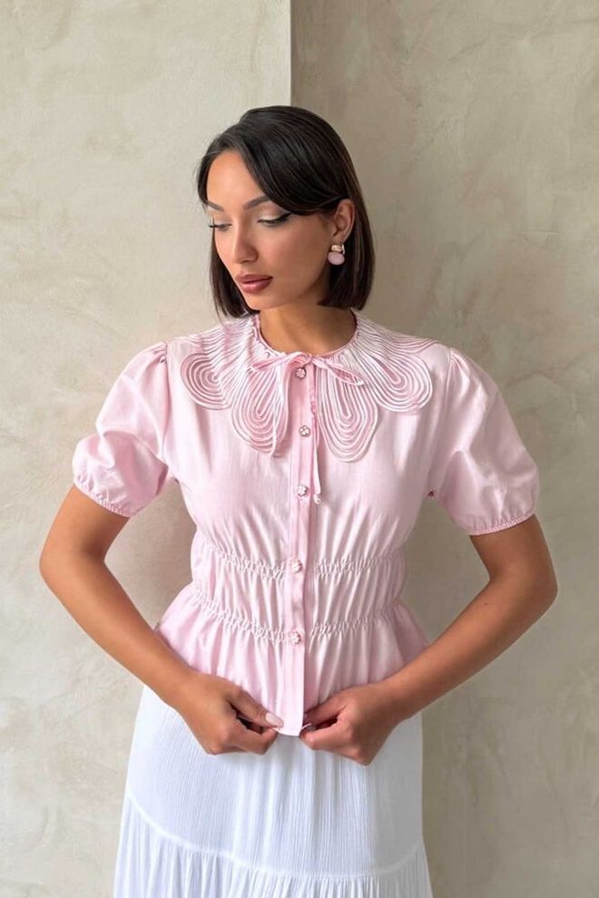 Topshow Chemise Volantée À Col Détaillé Rose Vêtements en gros Élégant