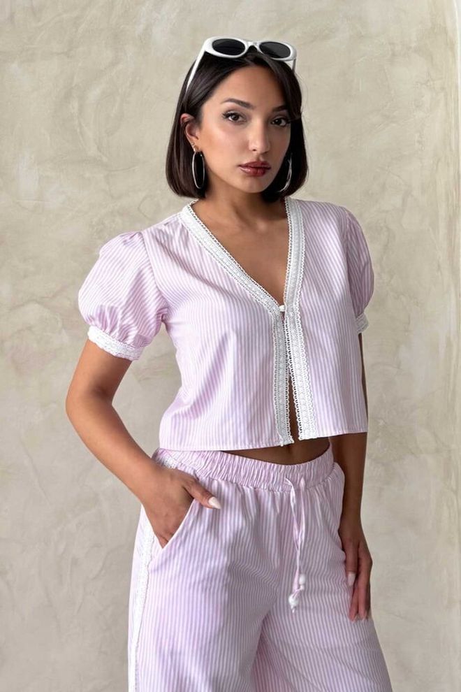 Topshow Μπλούζα Ριγέ Με Λεπτομέρειες Guipure Ροζ Χονδρικό εμπόριο ενδυμάτων Casual