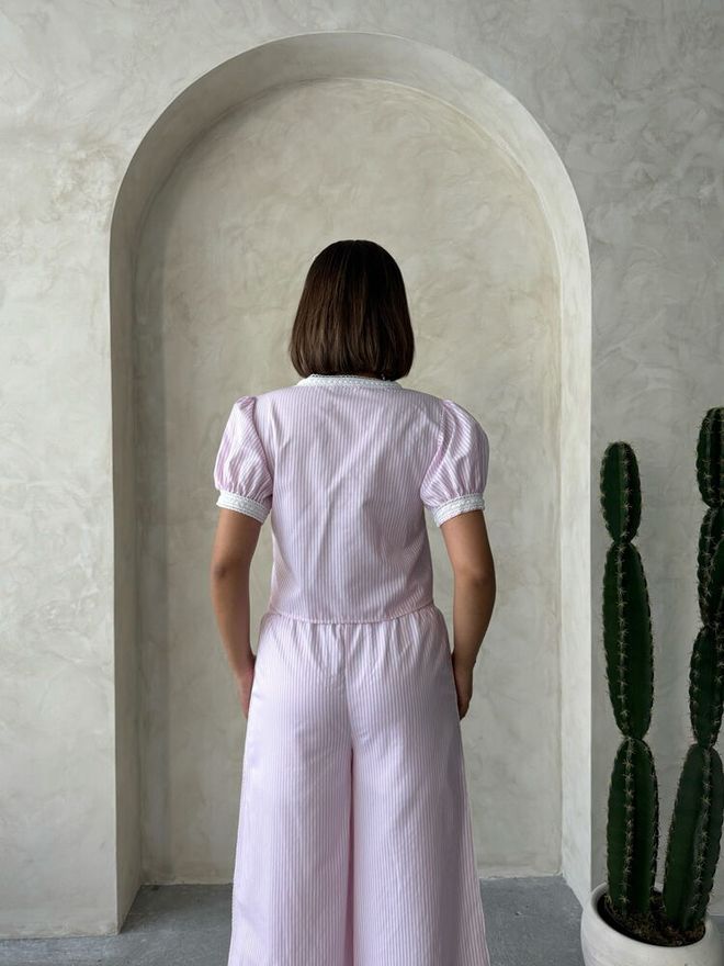 Topshow Guipure Detailed Striped Blouse Pink Wholesale Clothing Elegant