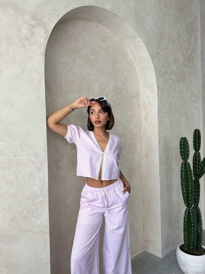 Topshow Guipure Detailed Striped Blouse Pink Wholesale Clothing Polyester