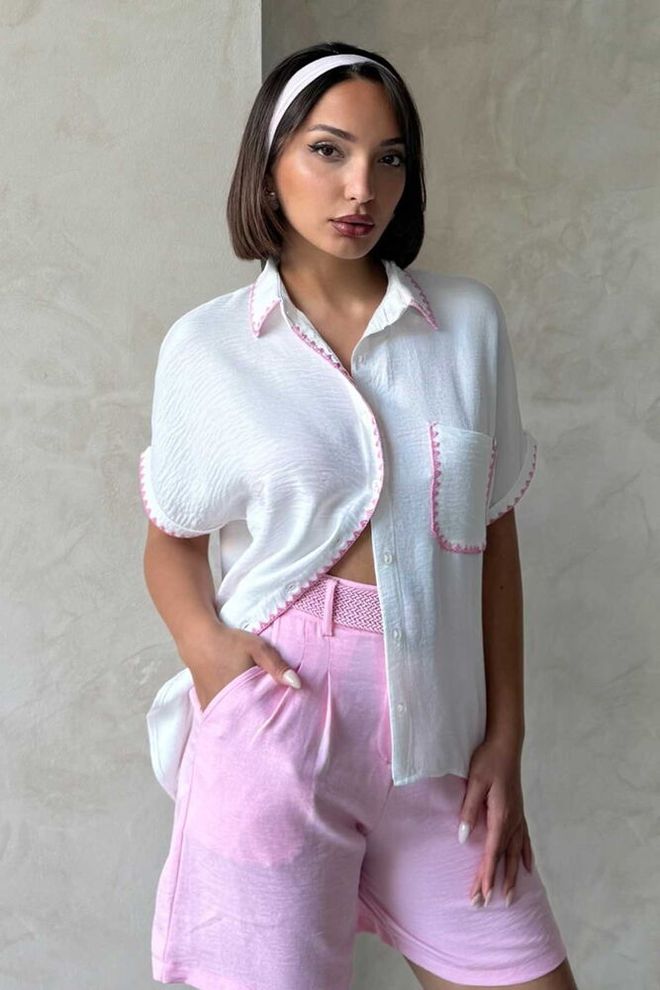 Topshow Shepherd Besticktes Leinenhemd Cremefarben Großhandelskleidung Lässig