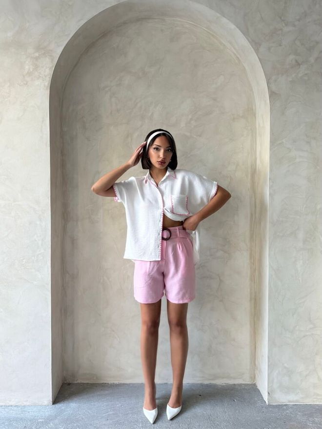Topshow Belted Shorts Pink Wholesale Clothing Cotton