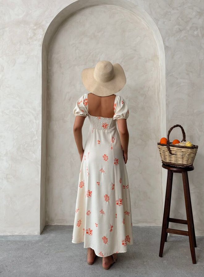 Topshow Embroidered Linen Dress Orange Wholesale Clothing Boho