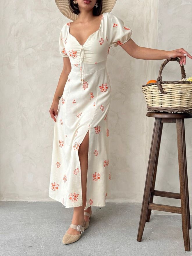 Topshow Embroidered Linen Dress Orange Wholesale Clothing Birthday