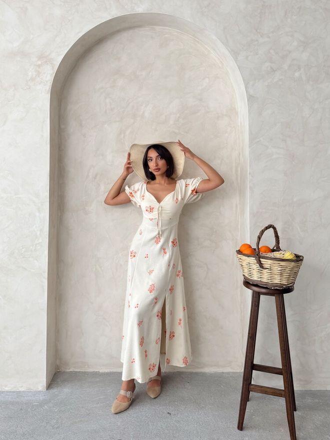 Topshow Embroidered Linen Dress Orange Wholesale Clothing Cotton