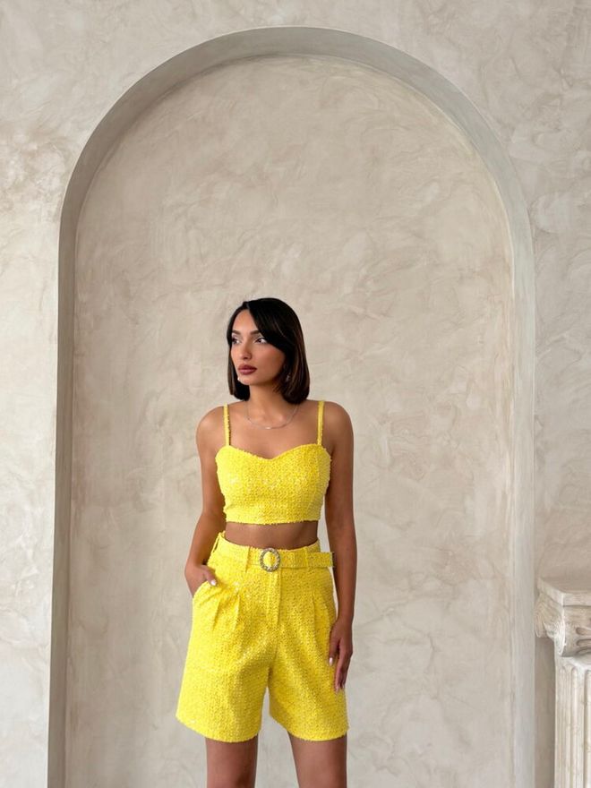 Topshow Sequin Denim Shorts Yellow Wholesale Clothing Birthday