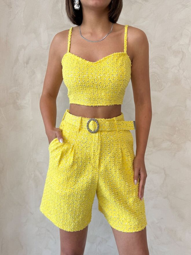 Topshow Sequin Denim Shorts Yellow Wholesale Clothing Summer