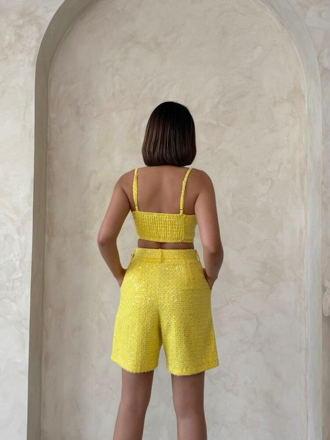 Topshow Sequin Denim Shorts Yellow Wholesale Clothing Casual