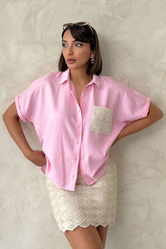 Topshow D2360 Leinenhemd Mit Applizierten Taschen Rosa Großhandelskleidung Elegant