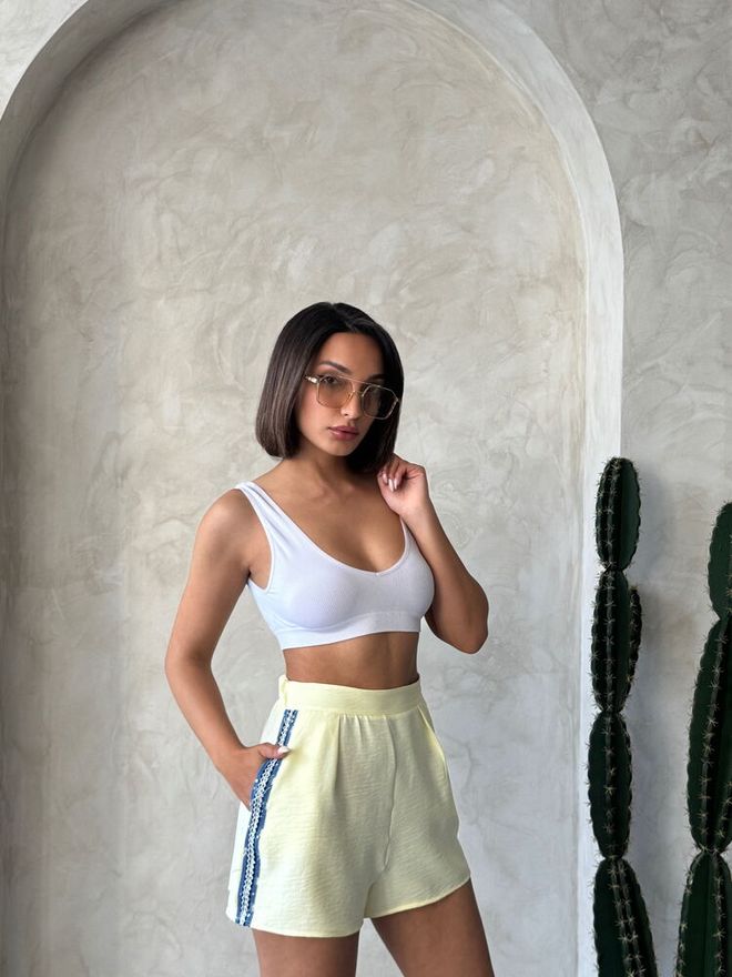 Topshow Denim Detailed Shorts Yellow Wholesale Clothing Cotton