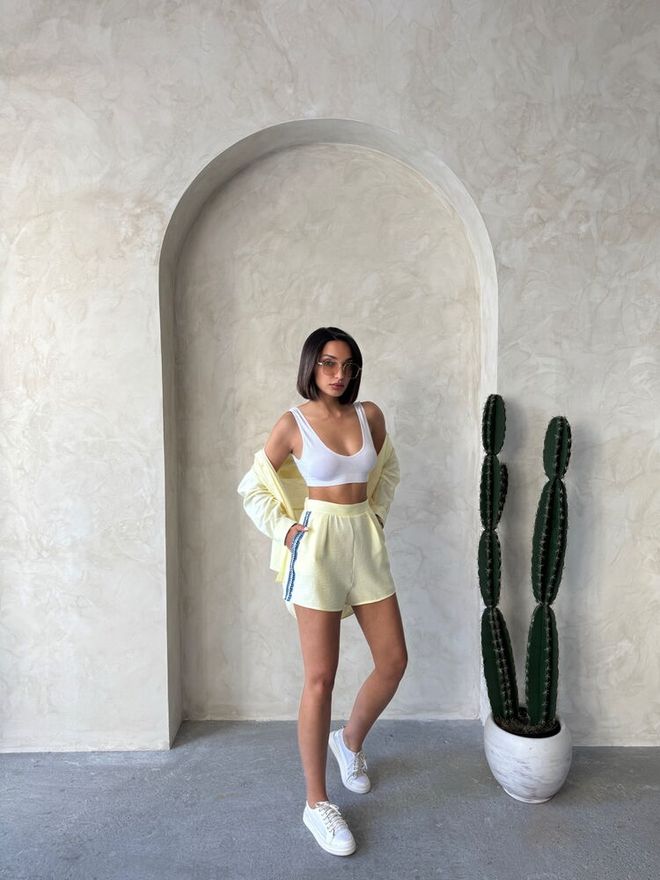 Topshow Denim Detailed Shorts Yellow Wholesale Clothing Beach