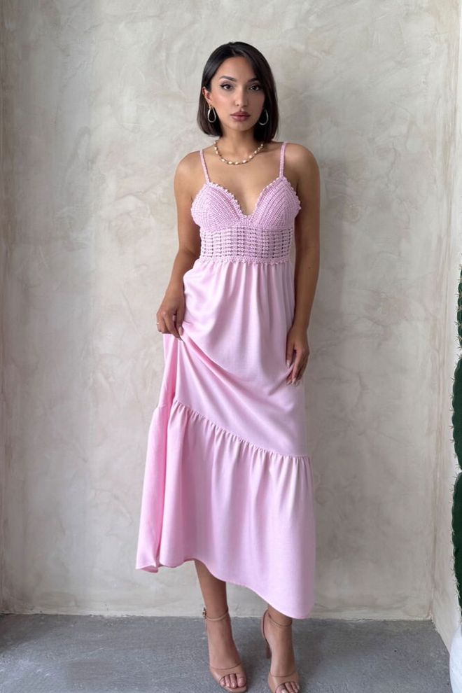 Topshow Linen Strap V Neck Halter Dress Pink Wholesale Clothing Casual