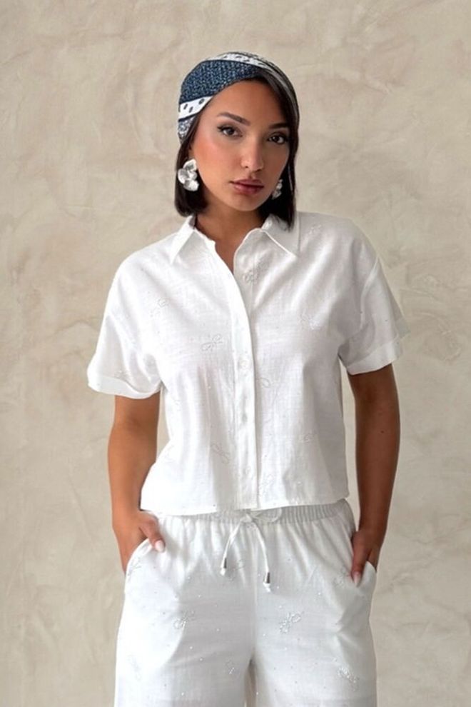 Topshow Bow Stone Printed Shirt Cream | Wholesale Clothing Casual