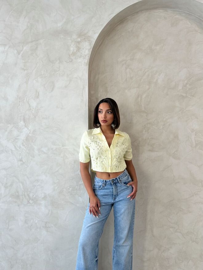 Topshow Žltá Neformálna Vintage Košeľa S Vrúbkovaným Golierom Veľkoobchod s oblečením Pláž